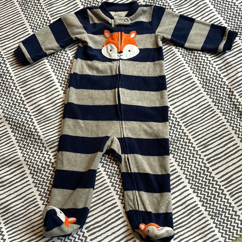 Blue and gray striped fleece zip up sleeper with fox feet!